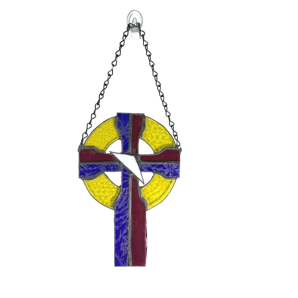 VTG‎ Stained Glass Celtic Cross Suncatcher Red Blue Yellow Religious Glass Art